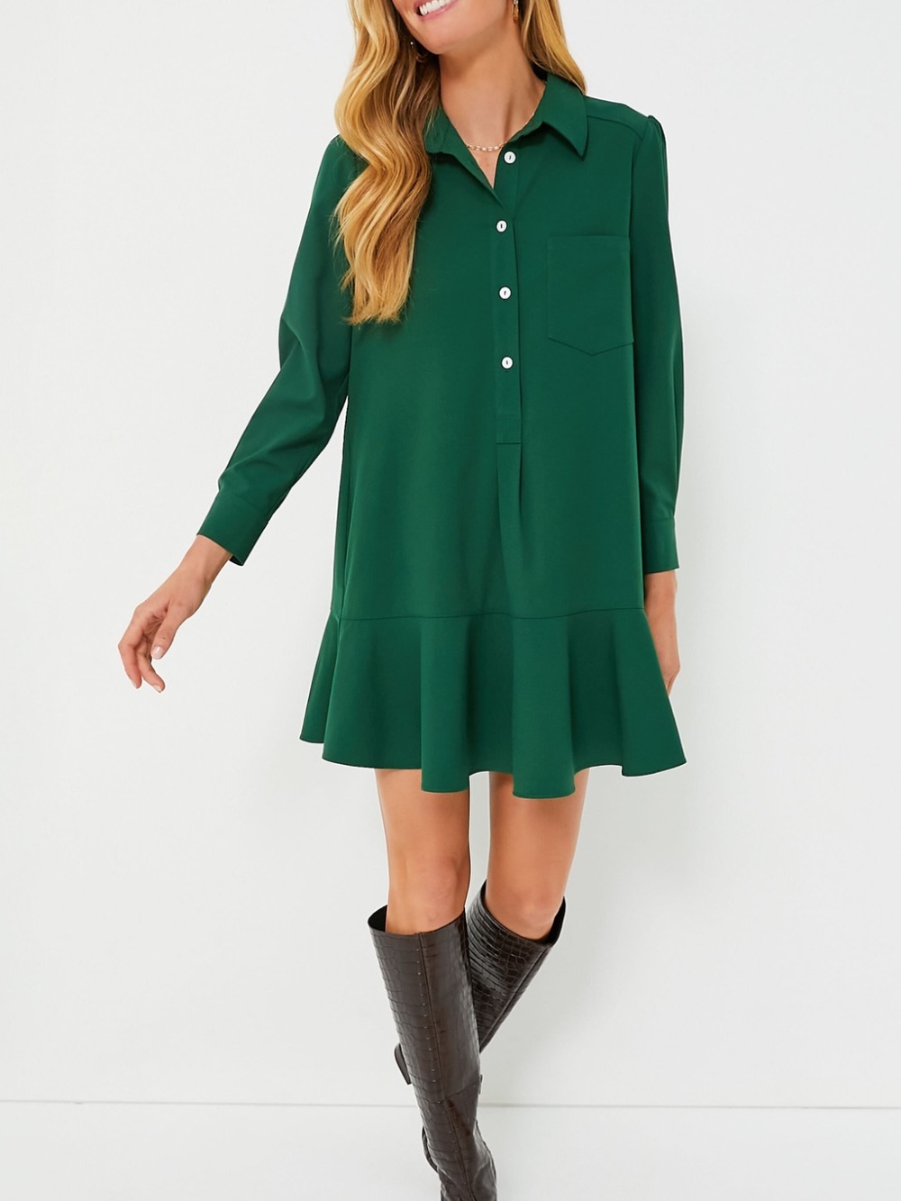 Women’s Tuckernuck Green Crepe Shirt Dress with Ruffle Hem large